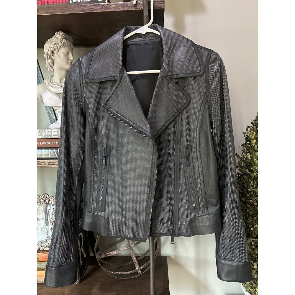 Elie Tahari Perforated Leather Moto Jacket Black Womens Size XS